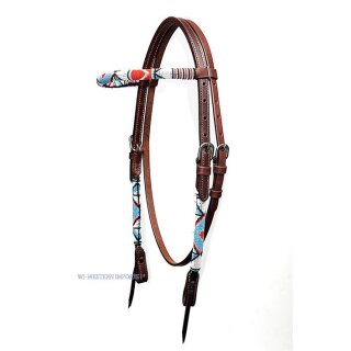 Beaded Harness Headstall dark oiled - Red-Blue-White - Westerntrense - Kopfstück - mit Perlen verziert